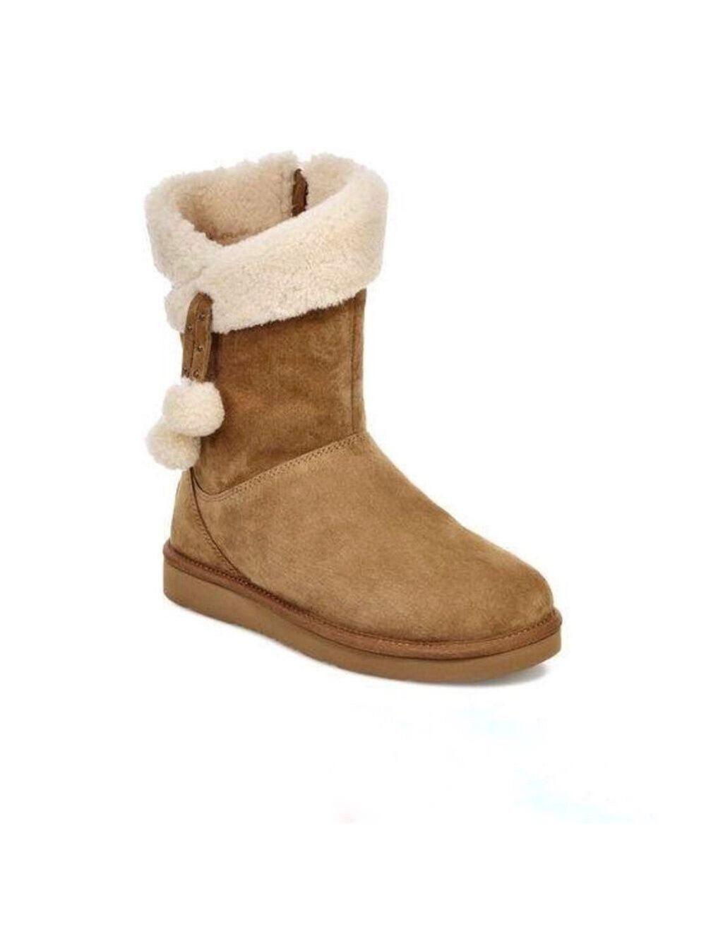 NIB-UGG Plumdale Cuff Short Pom Pom Sheepskin Trim Chestnut Women's Boots size 7